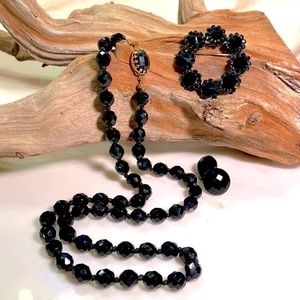 Austrian Glass Black Necklace Brooch Earring Set
